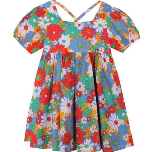 Baby Girls Dresses Summer Kids Short Sleeves Flowers Print O-Neck Dress Princess Dresses for Girls