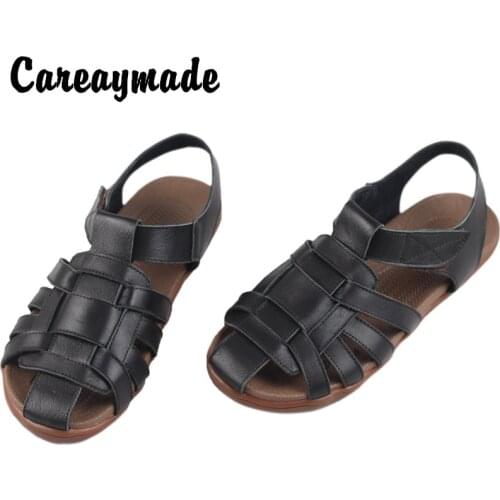 Careaymade-top layer leather Baotou sandals Soft skin Retro literature art manual Straw weaving Sandals Womens flat shoes