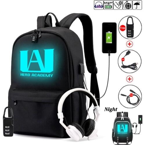 My hero academia luminous backpack with USB charging port unisex fashion travel backpack notebook Chujiu diary notebook