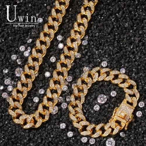 UWIN 13mm Miami Necklace Cuban Chain Necklace & Bracelet Set Iced Out Rhinestone Gold silver color Hip Hop Jewelry For Gift