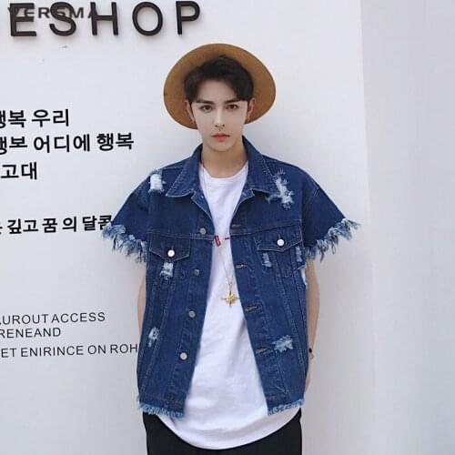 VERSMA Hip Hop Streetwear Ripped Vintage Men Motorcycle Denim Jean Vest Waistcoat Men Casual Cowboy Denim Sleeveless Vest Jacket