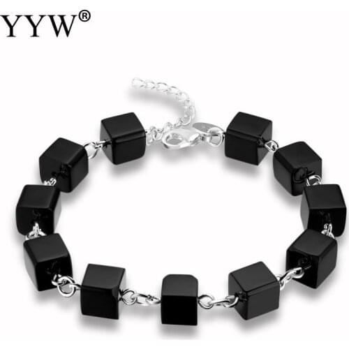 Vintage Women Cube Black Agates Bracelets & Bangles Women Natural Stone Beads Charm Bracelet 2018 Pulseira Masculina Men Jewelry