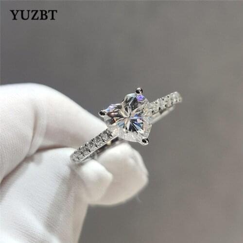 YUZBT Women 925 Silver Excellent Cut 2 ct Heart Gemstone Diamond Test Past D Color Moissanite Ring Forever Love Wedding Jewelry