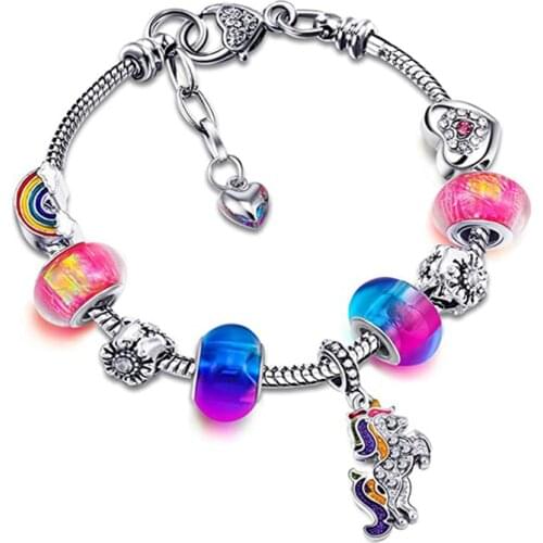 New Fit Original Pan Charms Bracelet European Crystal Zircon Enamel Rainbow Unicorn Pendant Girls Baby Jewelry for Women Pulsera