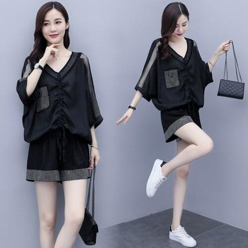 Summer 2 Two Piece Set Tracksuit Women Clothes Mesh Patchwork V-Neck Top and Shorts Suits Casual Plus Size Womens Sets Outfits