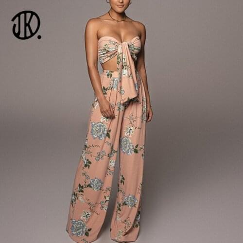 Hot Sale Women Sexy Suit Lace-Up Flower Printed Tube Crop Top And High Waist Wide-leg Trouser Fashion Two-Piece Set Lady Outfits