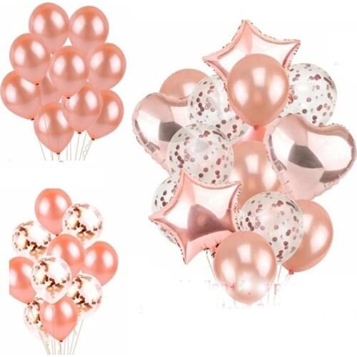 14pcs 18inch Rose Gold Latex and foil Balloons mix Wedding Happy Birthday Party Decorations Kids Adult Heart & Pentagram Ballons