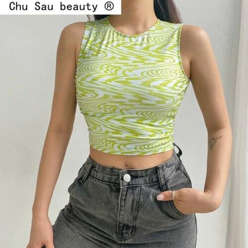 90s Aesthetics Striped Print Crop Tops Y2K Summer Streetwear Sleeveless O-neck Green Baby Tanks Women 2021 Sexy Vests