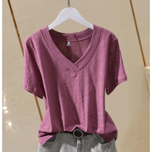 100% Cotton Solid Women T-Shirts Summer New 2021 V-Neck Short-Sleeved Slim Casual All Match Female Pulls Tops Tees