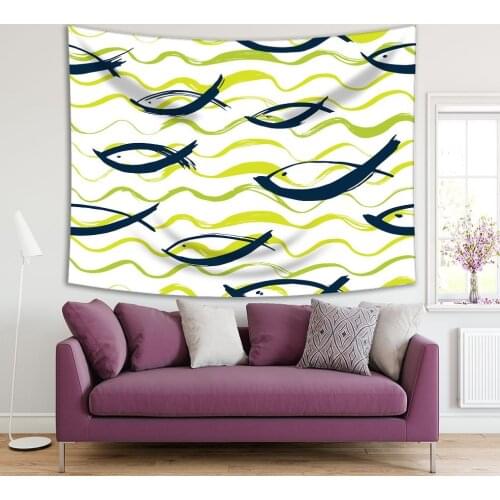 Tapestry Fish and Waves Pattern Dry Brush Painting Marine Theme Modern Artwork Dark Blue Lime Green