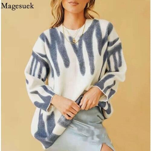 Fashion Print Pullovers O-Neck Vintage Sweater Women Winter Loose Sweater Knitted Streetwear Warm Elegant Oversize Tops 16672
