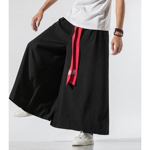 #2581 Cotton Linen Trousers Wide Leg Pants Men Vintage Kimono Pants Elastic Waist Streetwear Mens Joggers Loose Spring Summer
