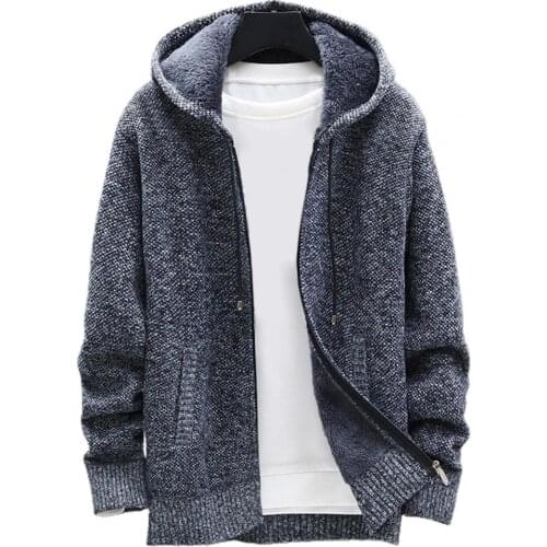Men Knitted Sweater Solid Color Hooded Zipper Closure Drawstring Autumn Winter Warm Ladies Thick Cardigan Outerwear