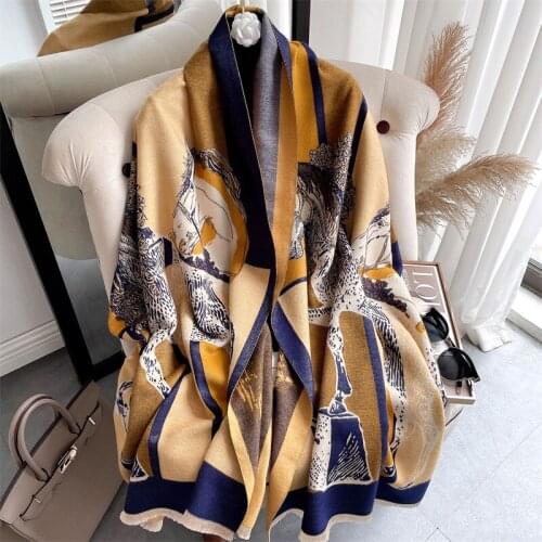2021 New Winter Scarf Women Horse Cashmere Shawls Fashion Geometric Print Pashmina Blanket Wraps Female Thick Warm Blanket