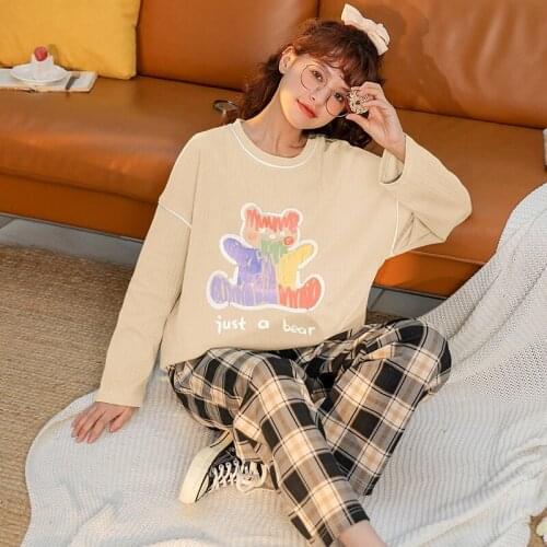 NEW Pajama Set Women Sleepwear Home Service Suits Spring Long Cotton Nightwear Capris Set Soft Cotton Womens Pyjamas