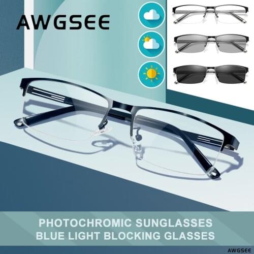 AWGSEE Men Anti Blue Light Blocking Glasses Photochromic Computer Game Phone Glasses UV400 Clear Lens Semi Rimless Optical Frame