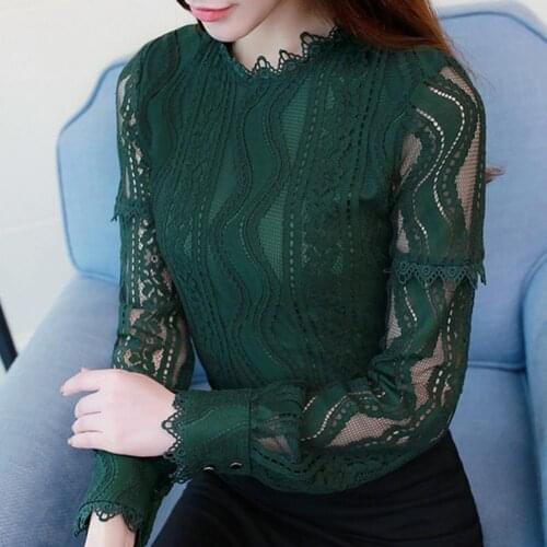 Sexy Women O Neck Long Sleeve Hollow out See-through Lace Slim Pullover Blouse