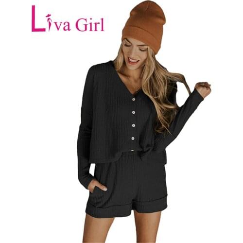 LIVA GIRL Casual Long Sleeve Loungewear Sets V-Neck Sexy Sleep Clothes For Woman 2021 Spring Waffle Set Home Wear Pyjama Femme