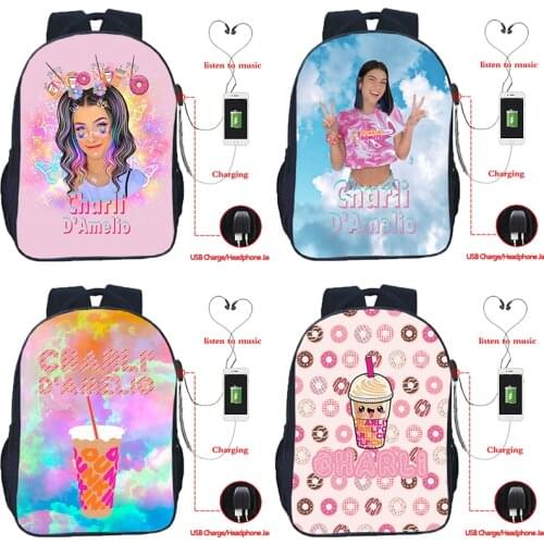 Boys Girls Charli Damelio USB Backpacks for Students School Bags Kids Knapsacks 16 Inch Teengaers Usb Charging Travel Bagpacks