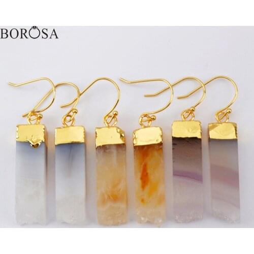 BOROSA Natural Agates Rectangle Drop Earrings Fashion Druzy Geode Long Stone Dangle Earrings Women Gold Earrings Jewelry G1968