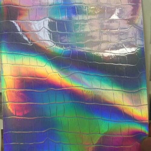 Synthetic PU glaze Holographic crocodile skin embossed leather material
