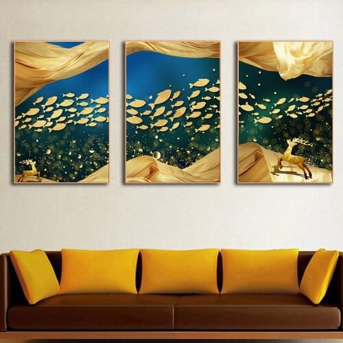 Nordic Abstract Golden Fishes Pictures Canvas Painting Wall Art Poster Home Decoration Posters And Prints Home Decor