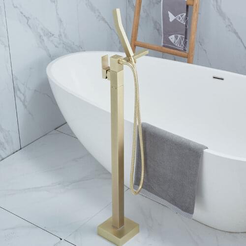 Bathroom Bathtub Faucet + Handheld Shower Free Standing Bath and Shower Faucet Brushed Gold BathTub Mixer Taps Floor Mounted