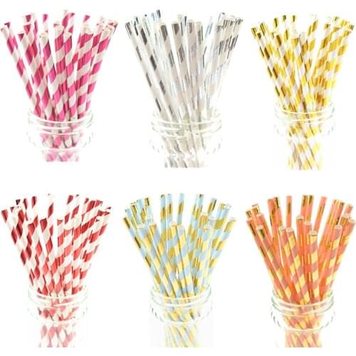 25pcs Gold Striped Foil Paper Straws Metallic Red Drinking Paper Straw Bar Birthday Wedding Decor Favor Girls Party DIY