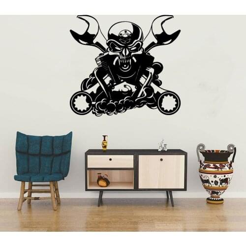 Modern Skull & Wrenches Auto Repair Wall Sticker Garage Mechanic Toolbox Branded Gear Grease Monkey Wall Decal Car Repair DW9214