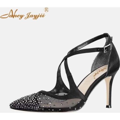 Nancyjayjii Woman Shoes Lady Pumps Black Solid Mesh Cross-Tied Crystal Basic Sweet Super high thin heels Pointed Toe Sexy 2019