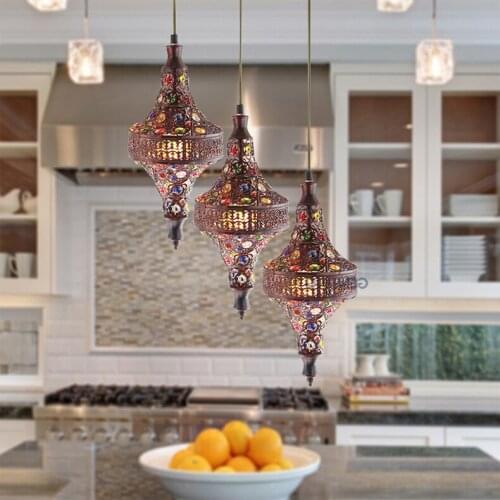 Bohemia Staircase Mediterranean Restaurant Bedroom Lamp Retro Multicolor Bronze Wrought Iron Pendant Lamp D16 luminaria