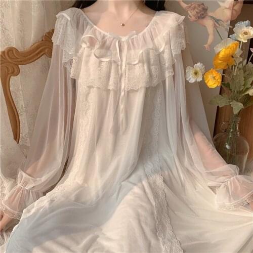 Vintage Womens Sleepwear Princess Dress Mesh Sleepshirts Royal Style Bow Lace Nightgowns.Ladies Girls Cute Nightdress Nightie