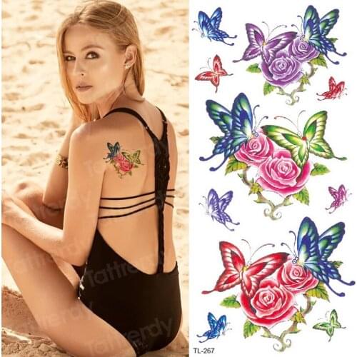 Flower Temporary Tattoos for Women Rose Hand Tattoo Sticker Butterfly Fashion Body Art Tattoo Waterproof Arm Fake Tatoo Paper
