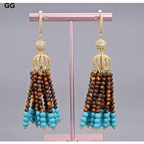 GuaiGuai Jewelry Yellow Tiger Eye Blue Turquoise Gems Stone Cz pave Cap Leverback Earrings