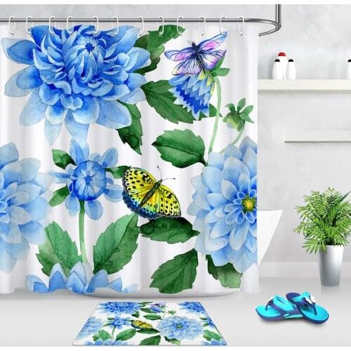 Waterproof Polyester Fabric Bath Curtain Butterfly for Bathroom Curtain Blue Flowers Green Leaf Beach Shower Curtains with Hooks
