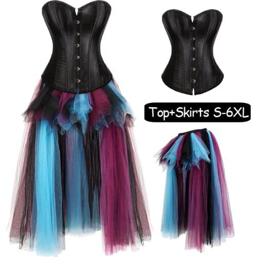 Womens VintaWomen Multi Layered High Low Skirt Masquerade Showgirl Corset Dress Set Cancan Steampunk Corsets Costume PLus Size