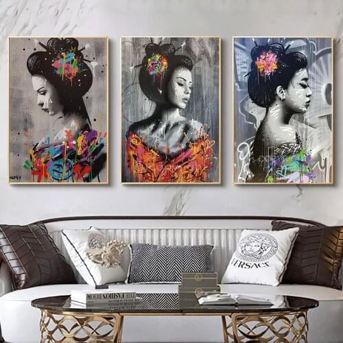 Graffiti Woman Japanese Geisha Beauty Kimono Art Paintings On The Wall Art Posters Prints Sexy Girl Street Art Pictures Cuadros