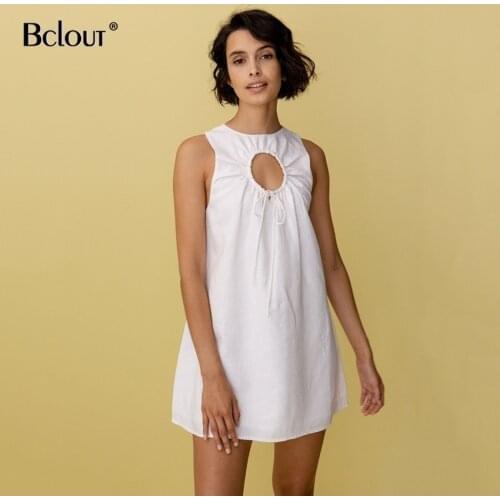 Bclout Linen Plain Sleeveless Hollow Out Mini Dress Women Summer Loose A Line Round Neck Sexy Zipper Woman Dresses Vacation New