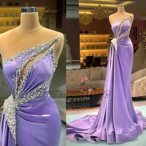Lilac Prom Dresses Womens Party Pageant Gowns O Neck Sleeveless Beading Crystals Mermaid Evening Dress