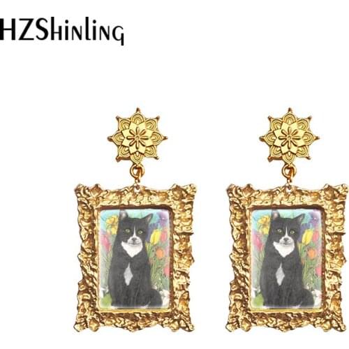 2020 New Retro Dangle Earrings Glass Cabochon Cats Flowers Paintings Handmade Crafts Jewelry Girls Party Deco