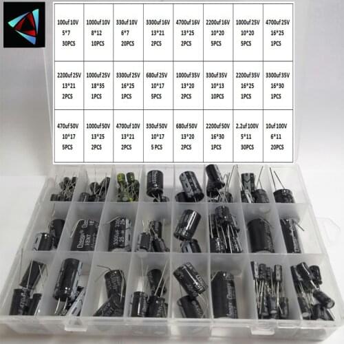 10V100UF-100V10UF 165Pcs/lot 2.2UF-3300UF 24Values Aluminum Electrolytic Capacitors 10-100V mix Assorted kit and storage box