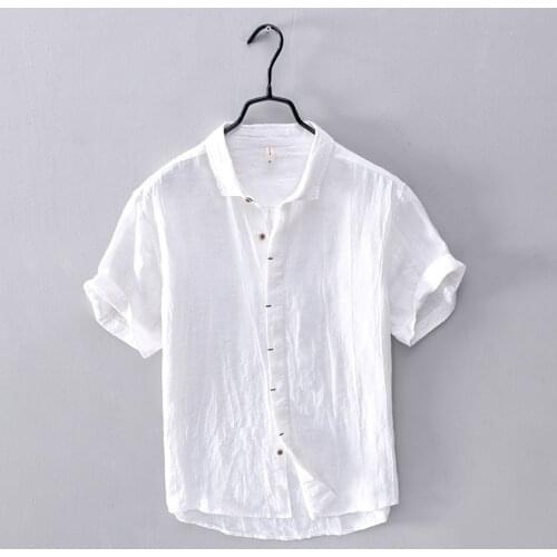 2020 Summer mens casual linen shirt short sleeve fashion breathable shirts for men solid white shirt mens chemise camiseta