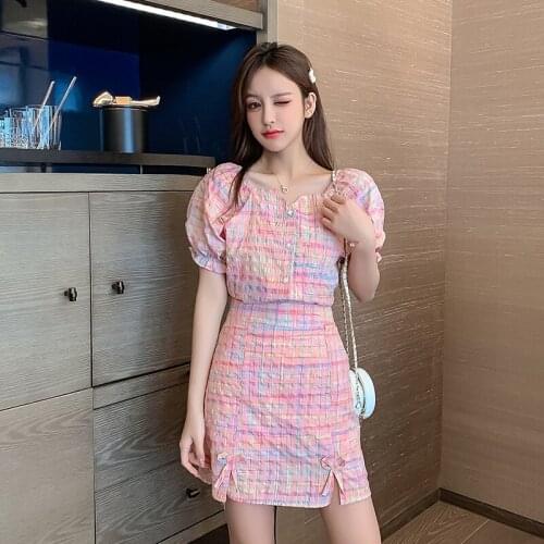 Women Pink Plaid Two Piece Set Summer New Fashion Short Puff Sleeve Single Breasted Tops 2 Piece High Waist Skirt Casual Suits