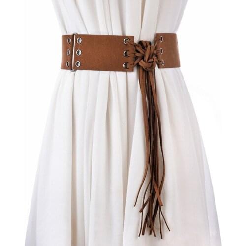 FEECOLOR Vintage Fringed Knotted Belt Bohemia Wide Tassel Waist Bands Cummerband for Women dress coat