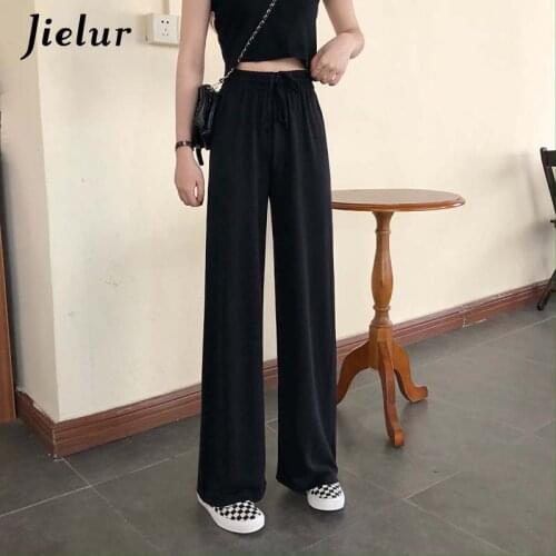 Jielur Spring Summer Womens Pants New High Waist Drawstring Wide Leg Pants Casual Loose Harajuku BF All-match Black Woman Pants
