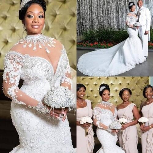 Crystals Lace Plus Size Mermaid Wedding Dresses High Neck Long Sleeves African Tulle Beaded Custom Bridal Dresses for Women