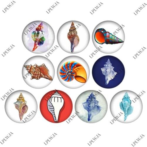 LPLWJA 10pcs Sea Shell Snail/trumpet Beach Round Glass Cabochon Mixed Picture Flatback Base Tray Blank Making Jewelry Findings