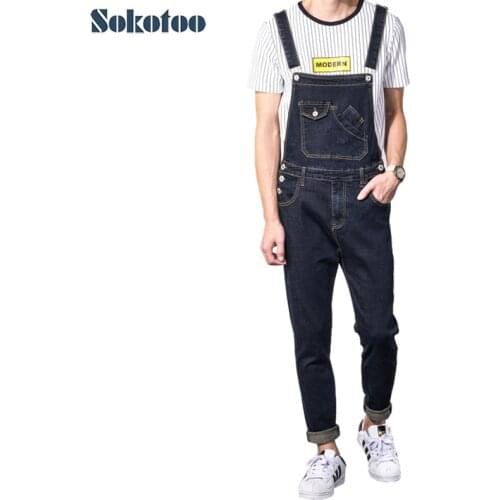 Sokotoo Mens casual slim pocket denim bib overalls Male suspenders jumpsuits Plus size dark blue jeans for big and tall
