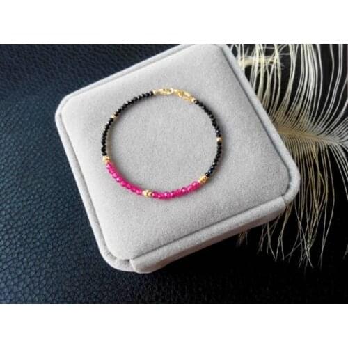 Natrual Black Spinel Remade Ruby 925 sterling silver +18KGP Bracelet 2-3MM