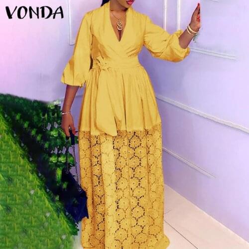 Autumn 3/4 Sleeve Maxi Dress 2021 VONDA Women Lace Patchwork Party Maxi Dresses Bohemian Party Vestidos Femme Beach Sundress